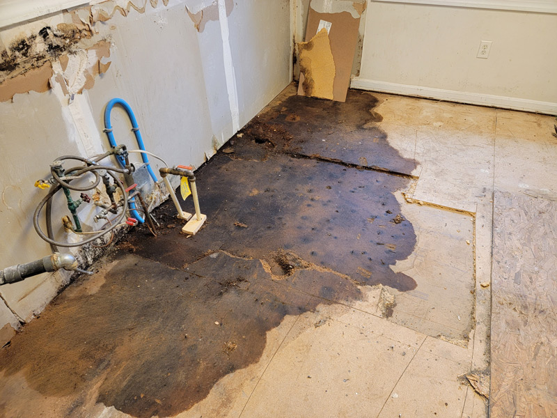 Floor in kitchen with water damage needing cleanup and repair in Chicago during a remodel